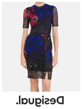 Desigual Contemporary Art Design Dress With Ruching & Mesh Sleeve Design, Small